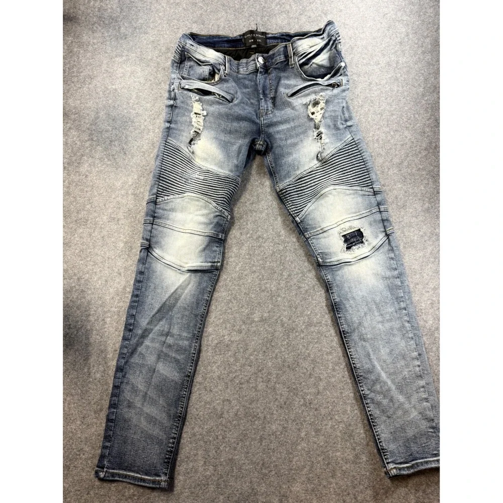 Supply & Demand NYC Mens 38W XXL Blue Distressed Moto Biker Slim Jeans